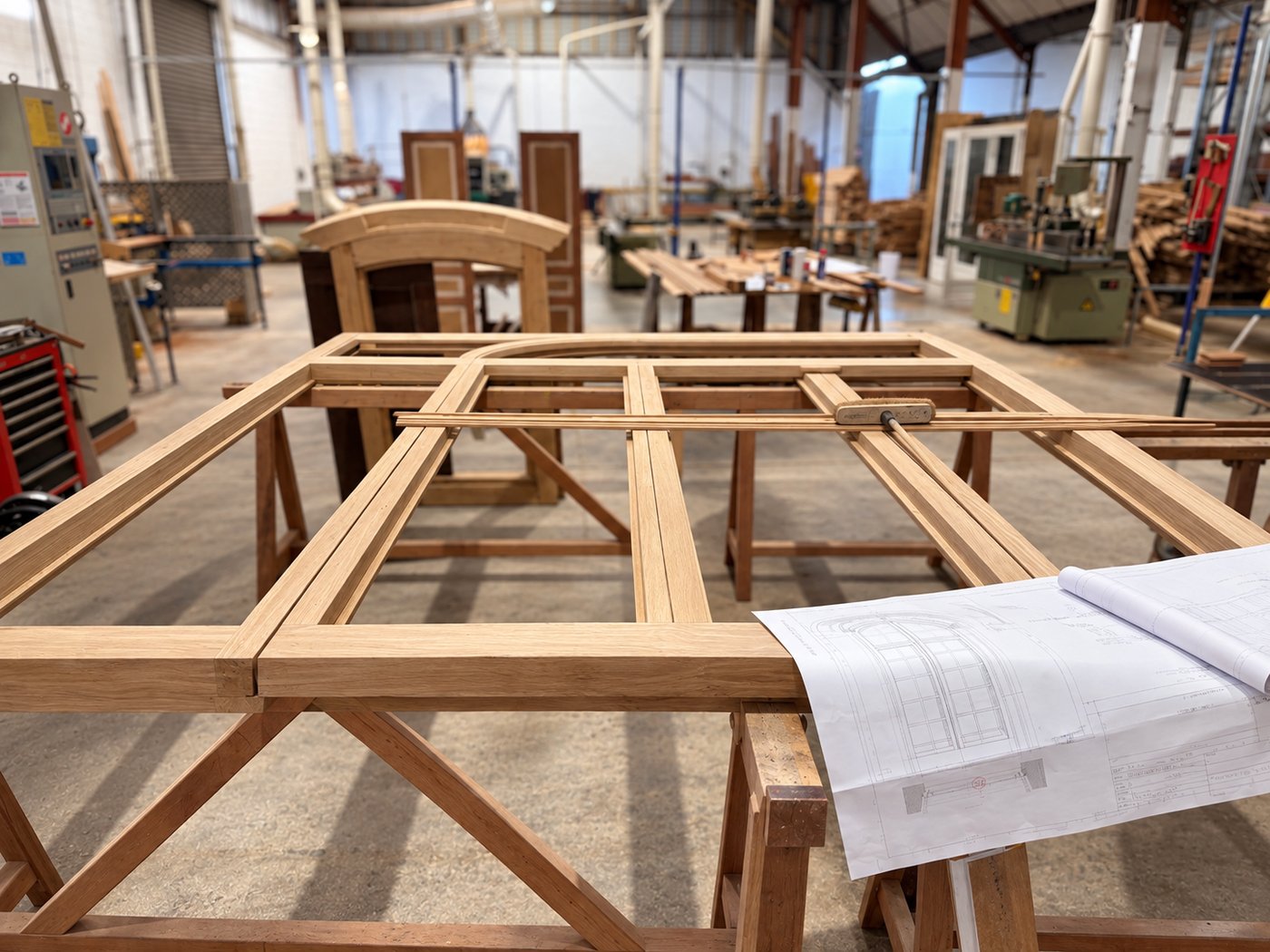 Fenêtre cintrée en chêne en cours d'assemblage dans nos ateliers de Soissons