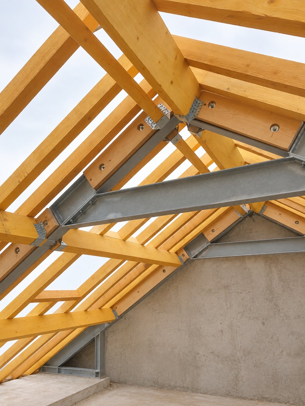 Charpente neuve en bois assemblée sur une structure en acier galvanisé