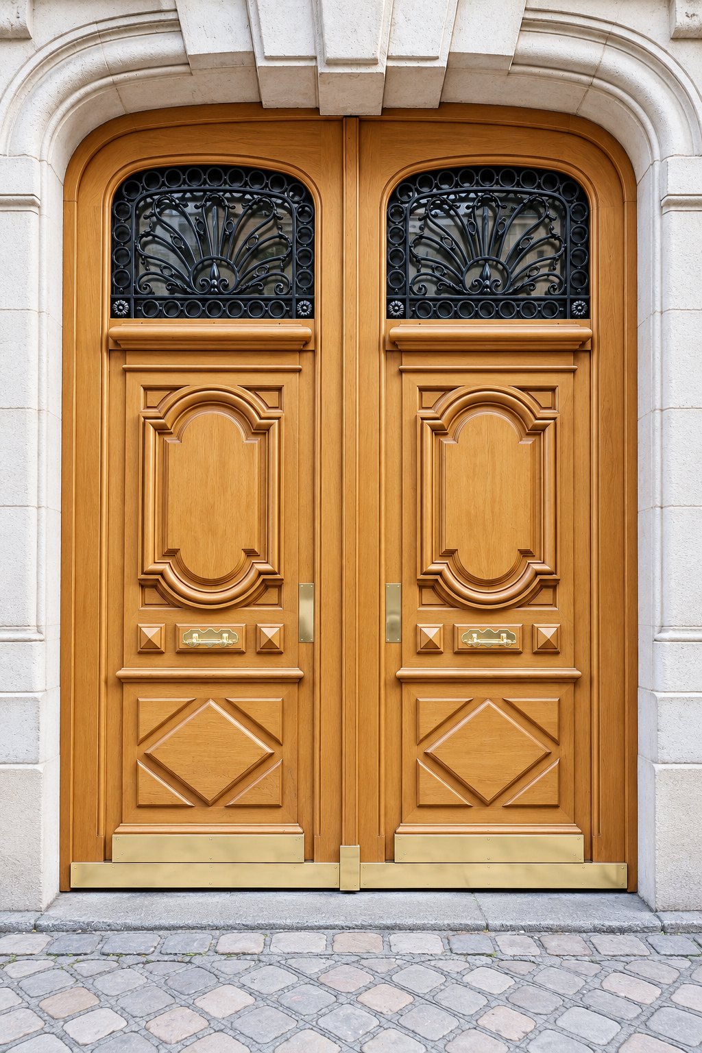 Porte cochère à deux vantaux en chêne mouluré, impostes en fer forgé et plinthes en laiton