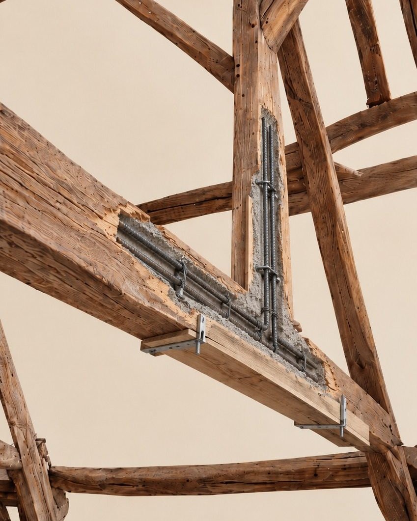 Poutre ancienne renforcée par des armatures et de la résine époxydique, sans dépose de la charpente